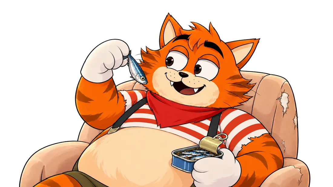 Fat Cat: an orange tabby in a striped shirt and red bandana, lounging in an armchair with a fish and a tin of tuna